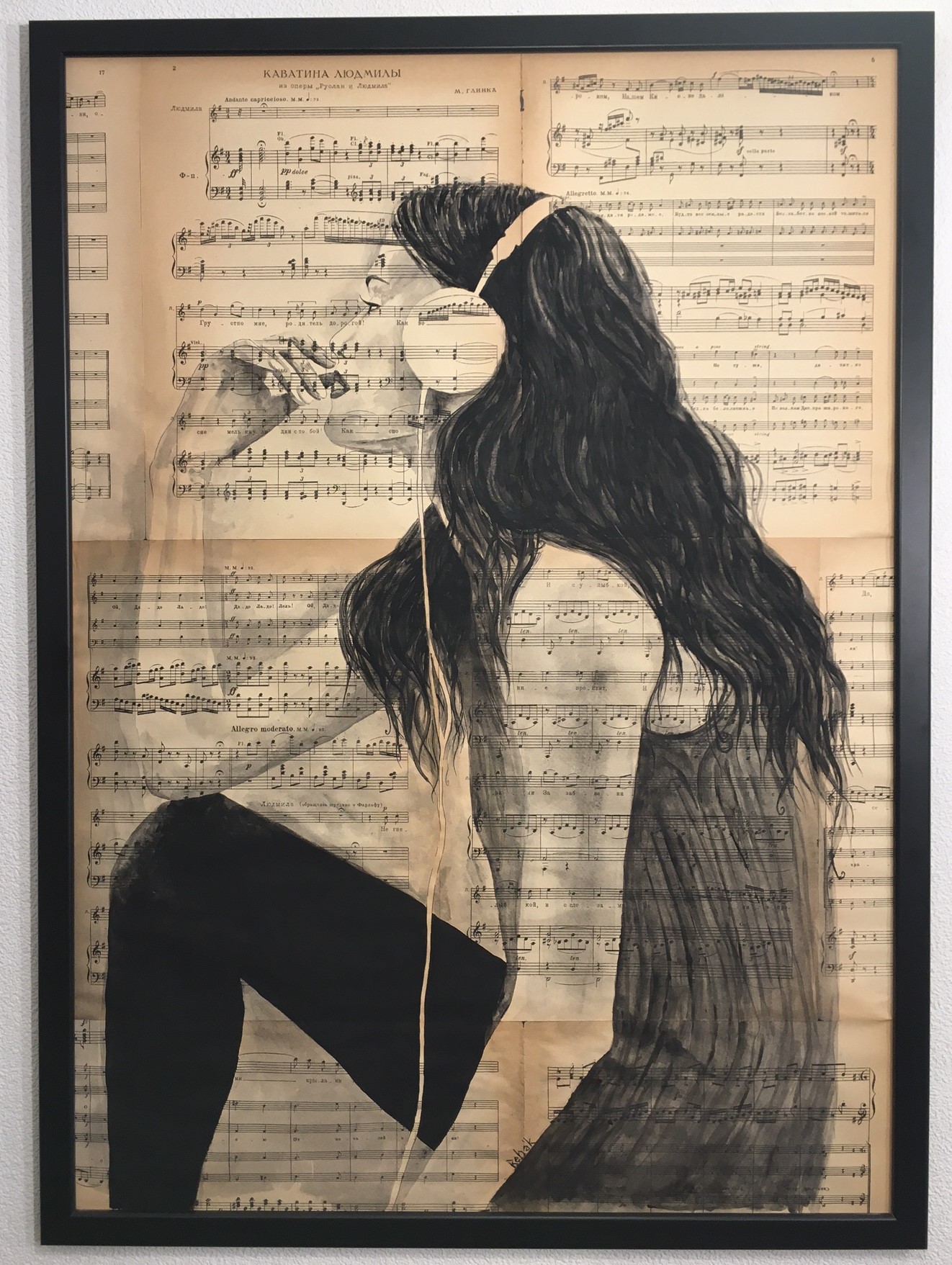 'Pondering Girl', 50 x 70 cm, Arcylic on sheet music